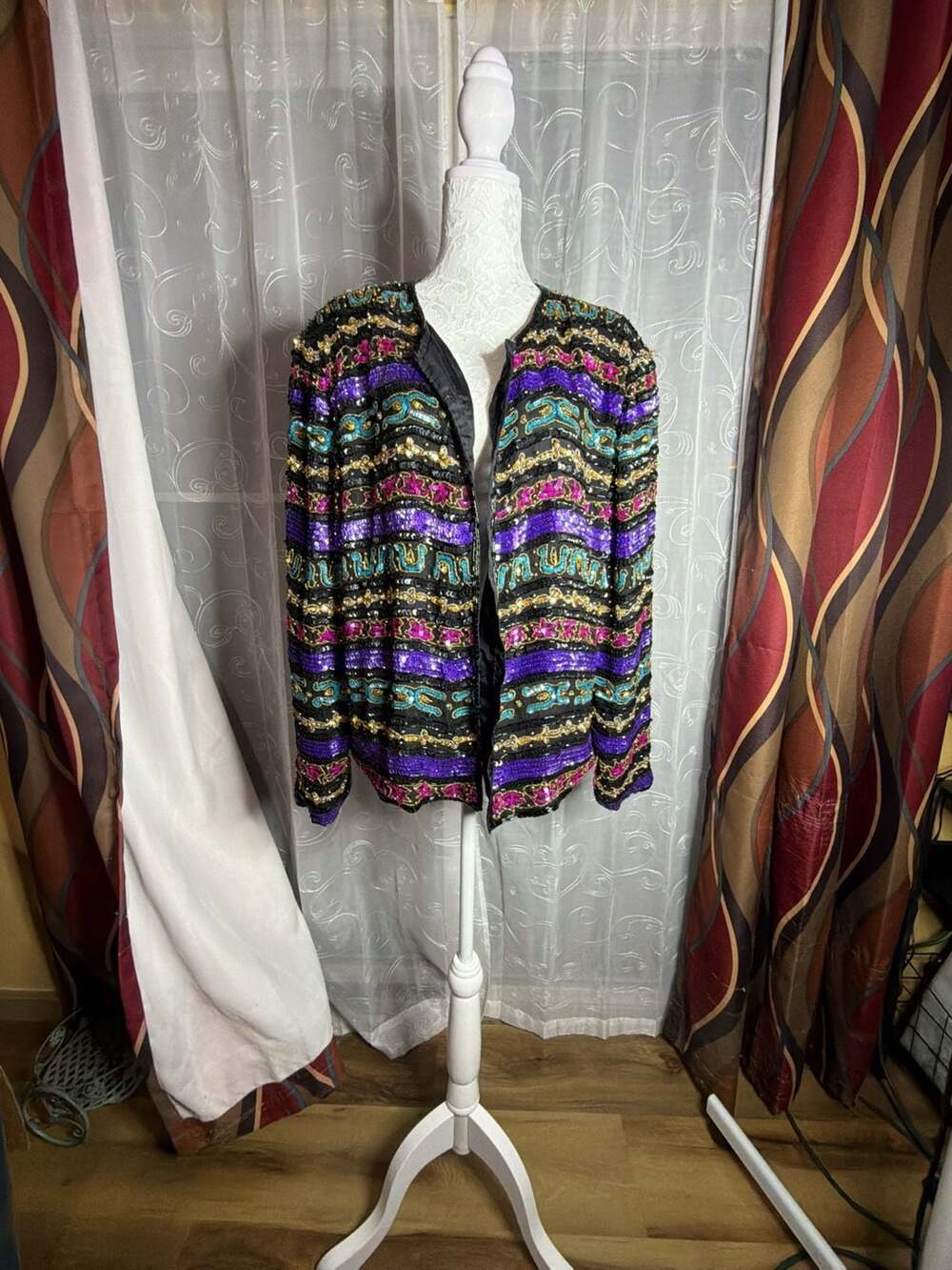Piccalino Plus Vintage Sequin Beaded Jacket Size L Multicolor Black Purple Gold